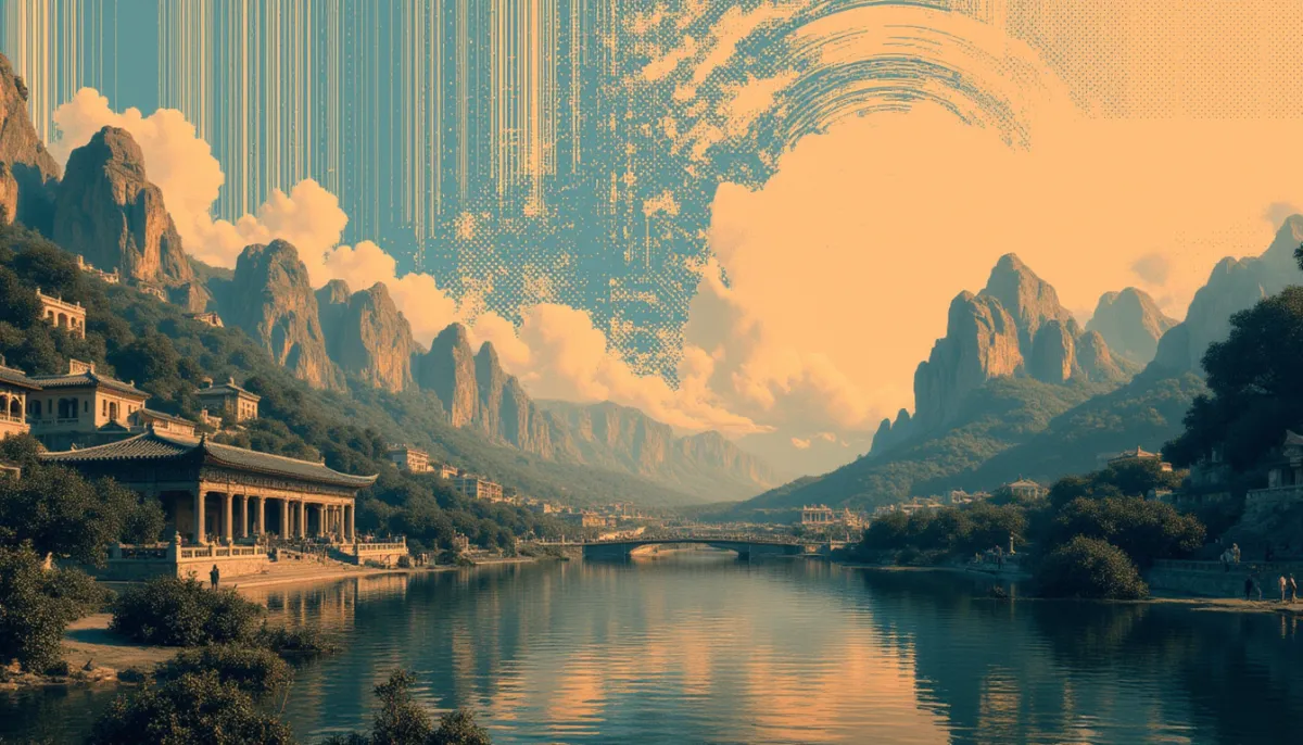 Ancient Chinese landscape beneath a sky of digital constellations
